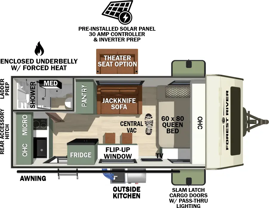 The No Boundaries NB18.2 floorplan has one entry and zero slide outs. Exterior features include: fiberglass exterior, 14' awning and outside kitchen. Interiors features include: front bedroom.